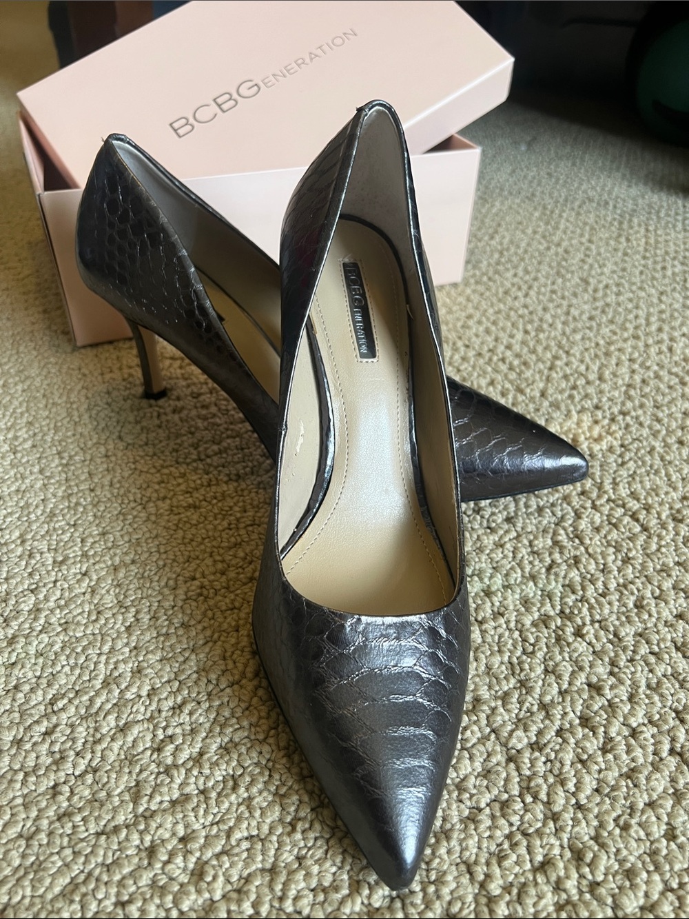 BCBGeneration Metallic Gunmetal glossy snake Pointed Toe Pumps- SIZE 10M